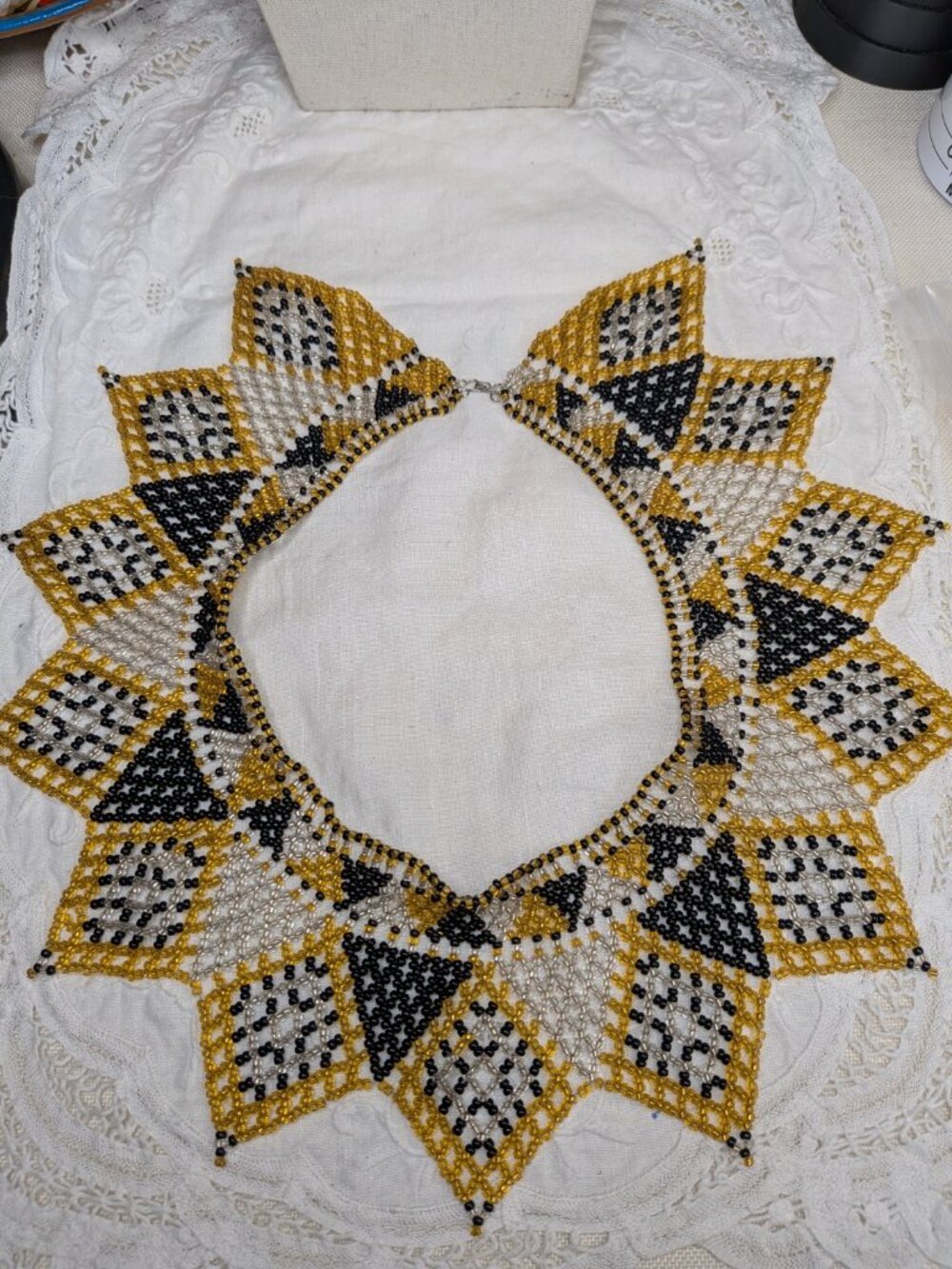 Handwoven Gold, Black & Silver Beaded Collar Necklace  Geometric Statement Piece